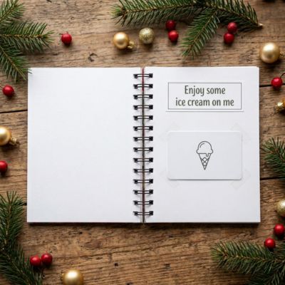 Open notebook page with an ice cream themed gift card taped below a note about ice cream