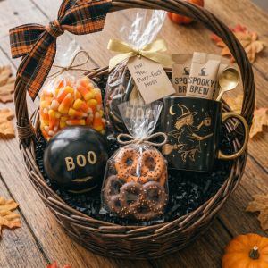 Gift-wrapped clay coasters beside a black cat mug and gift tag