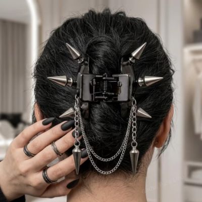 Silver spiked hair claw clip with dangling chains