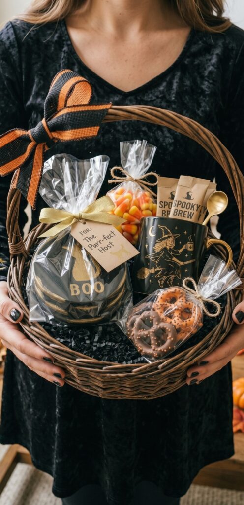 Woman holding a Halloween gift basket with wrapped coasters and mug