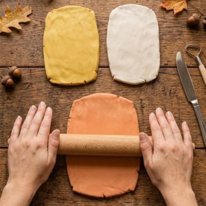 hands rolling clay with help of a rolling pin