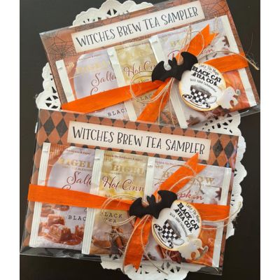 tea samplers labeled witches brew