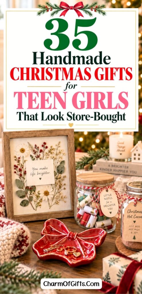 Handmade does not have to mean messy or childish. These Christmas gift ideas for teen girls include polished DIY projects that can look just as pretty as something picked up from a shop while still having that personal homemade touch. Think pressed botanical art, air dry clay room decor, homemade sugar scrub, embroidered tote bags, jewelry, drink mixes, encouragement jars, and more. Many of these can be customized with her name, favorite colors, or a little message from you. They are especially nice when you want the gift to feel thoughtful without spending a huge amount.
#HandmadeChristmas #TeenGirlGifts #DIYChristmasIdeas #ChristmasGiftIdeas