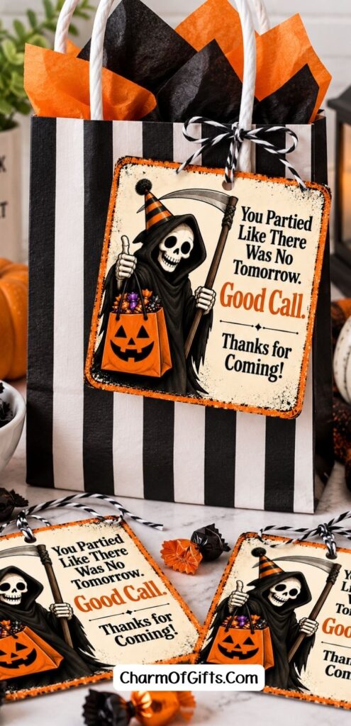 Give your Halloween treat bags a little dark humor with these 8 funny Grim Reaper gift tags made especially for grown-ups. Perfect for Halloween party favors, treat bags for friends and family, and adult Halloween gatherings. Print your favorites and add them to a simple bag of treats for an easy party favor guests will love.
#HalloweenGiftTags #HalloweenTreatBags #GrimReaper #HalloweenPrintables #AdultHalloween #HalloweenPartyFavors