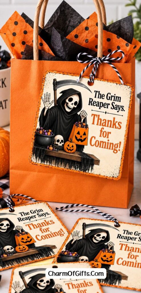 Looking for Halloween gift tags that aren't too cute or kid-like? These 8 Grim Reaper Halloween tags have just the right mix of spooky and funny. Use them for grown-up Halloween treat bags, party favors, candy bags or little gifts for friends who appreciate some dark humor.
#DarkHumor #HalloweenGiftTags #GrownUpHalloween #GrimReaper #FunnyHalloween #HalloweenPartyFavors