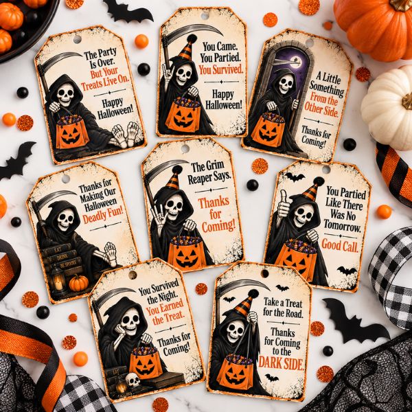 Collage of Grim Reaper Halloween Gift Tags for Adults