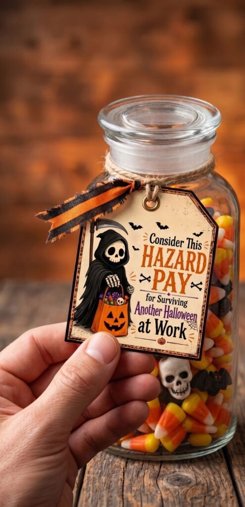 These free printable Halloween gift tags bring a hilarious grim reaper to your treat bags this year. The set includes four designs, each with a different joke about surviving the workday, so every bag on the table looks a little different. Download, print on cardstock, and give your treat bags a joke everyone will remember. #FreePrintable #HalloweenGiftTags #GrimReaper #HalloweenDIY
