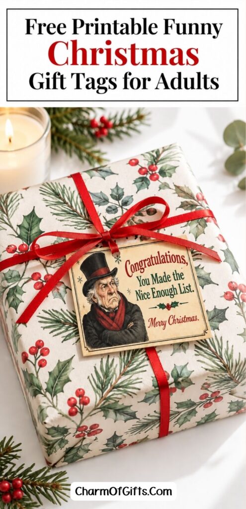 Free printable funny Christmas gift tags for adults that make every present feel a little more special. These vintage style printable tags have dry humor sayings perfect for coworkers, friends, siblings and neighbors, and they print easily at home on cardstock. Wrap the gift, add the tag, and watch them laugh before they even open it. #FunnyChristmasGiftTags #PrintableGiftTags #ChristmasGiftWrapping #ChristmasPrintables
