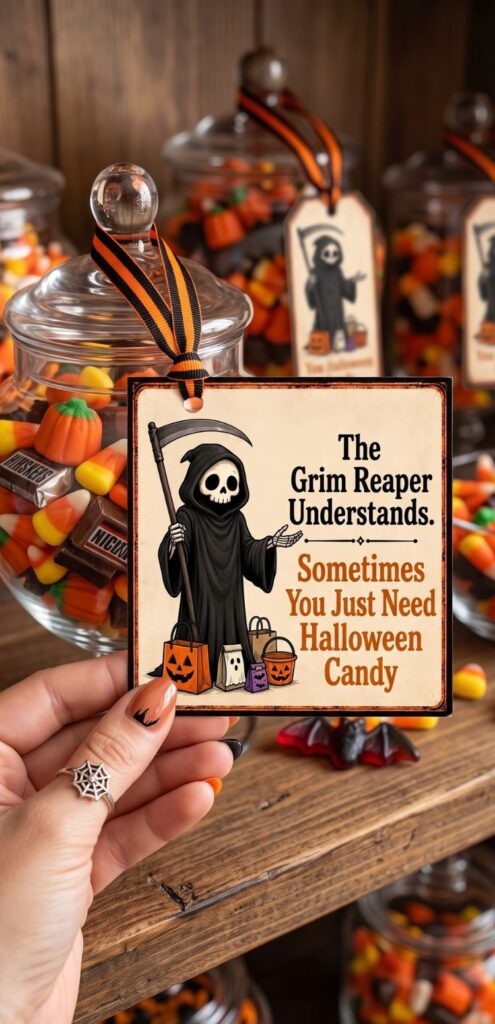 Funny DIY Halloween treat tags for the office (free printable) This funny DIY Halloween tag set is an easy way to dress up homemade or store bought treats for the office party. Print them on cardstock and tie one onto cookies, caramel corn, or a candy filled goodie bag for an instant handmade touch. A little grim reaper humor makes even a quick treat feel like a thoughtful gift. #DIYHalloweenGifts #OfficeTreats #HalloweenPrintables #FreePrintable