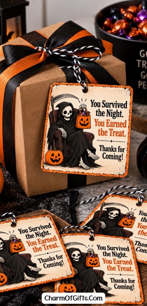 Skip the overly cute Halloween tags and try something with a little more personality. These free printable Halloween gift tags combine vintage Grim Reaper artwork with funny, dark sayings made for grown-ups. Great for adult Halloween party favors, treat bags and gifts for friends who love dark humor.
#HalloweenPrintables #DarkHalloween #HalloweenGiftTags #GrownUpHalloween #DarkHumor #FreePrintables