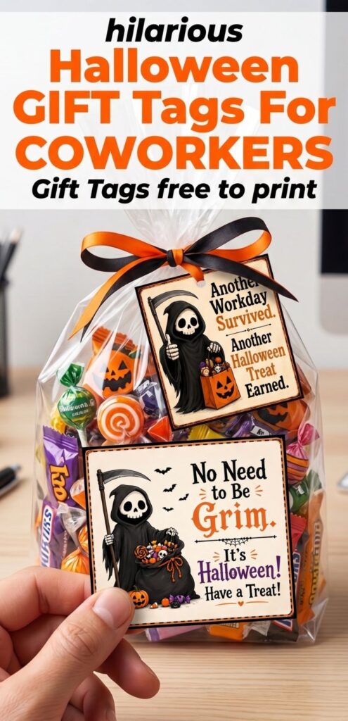 Funny Halloween gift tags for office colleagues are the easiest way to make your treat bags stand out at this year's party. The grim reaper design pokes fun at office life, which makes it an instant favorite with coworkers who love a joke with a little bite. Attach one to a bag of candy and let it do the talking.
#OfficeColleagues #HalloweenGiftTags #FunnyHalloween #FreePrintable