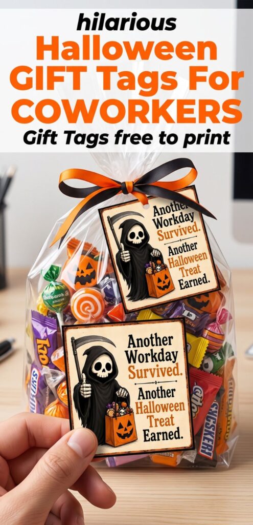 HILARIOUS Halloween gift tags for COWORKERS (free printable) Hilarious Halloween gift tags for coworkers make office treat bags so much better this year. Each design features a deadpan grim reaper joking about surviving another workday, perfect for filling candy bags for your coworkers, colleagues, or the whole office party. Print on cardstock, tie onto a treat bag, and watch your desk mate crack up when they see it. #HalloweenGiftTags #CoworkerGifts #OfficeHalloween #FreePrintable