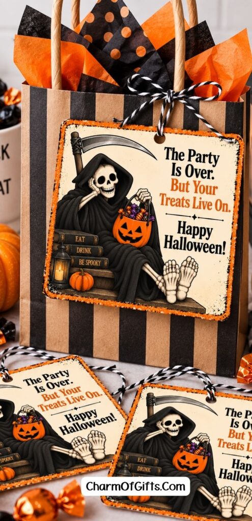 Planning a grown-up Halloween party? These funny Grim Reaper gift tags are an easy way to turn simple treats into memorable Halloween party favors for adults. There are 8 darkly funny designs to choose from, perfect for candy bags, small gifts and take-home treats for your guests.
#HalloweenPartyFavors #HalloweenForAdults #HalloweenGiftTags #GrimReaper #HalloweenPartyIdeas #HalloweenTreats