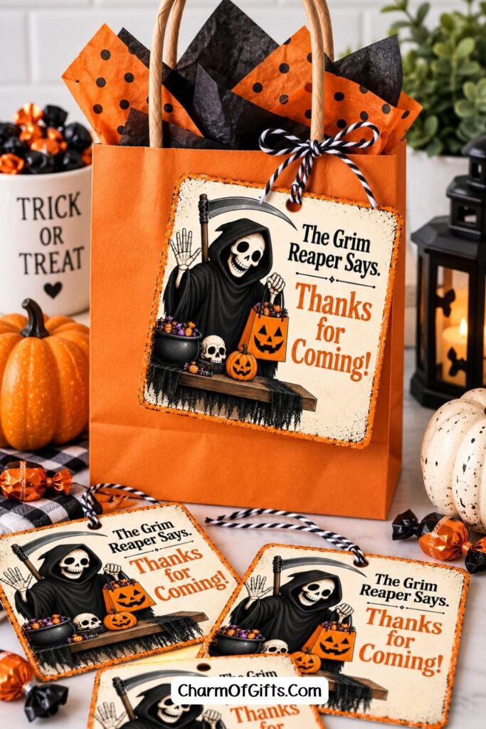 Send your guests home laughing with these 8 funny Halloween gift tags created for adult Halloween party favors. Featuring a not-so-scary Grim Reaper and plenty of dark Halloween humor, these tags are perfect for treat bags, candy bags and small gifts for friends and family.
#FunnyHalloween #HalloweenGiftTags #AdultHalloweenParty #HalloweenPartyFavors #HalloweenPrintables #HalloweenTreatBags