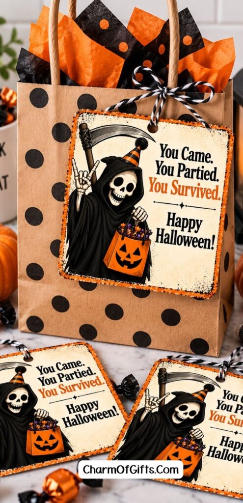 Kids shouldn't get all the Halloween treat bags! If you're putting together Halloween goodies for grown-up friends, family or party guests, finish them with one of these hilarious Grim Reaper tags. They're funny, a little dark and perfect for making even a simple bag of candy feel special.
#HalloweenTreatBags #HalloweenForGrownUps #FunnyHalloween #HalloweenGiftTags #HalloweenPartyIdeas #HalloweenFavors