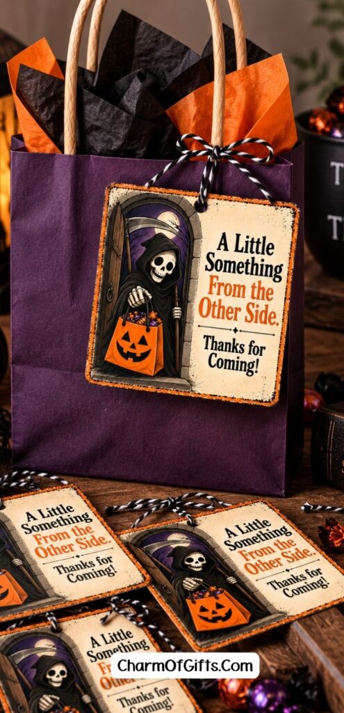 Don't let your grown-up Halloween guests leave empty-handed! Put together a simple take-home treat and finish it with one of these hilarious Halloween treat bag tags. The funny Grim Reaper designs make easy party favors feel much more memorable—and your guests may even keep the tags afterward.
#HalloweenParty #HalloweenPartyFavors #HalloweenTreatBags #FunnyHalloween #HalloweenGiftTags #HalloweenIdeas