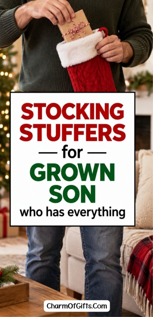 Stocking stuffers for a grown son can be tricky when he already buys most of what he wants. These useful stocking stuffer ideas for adult sons include practical little gifts, personalized finds, outdoorsy ideas, funny gifts, and thoughtful surprises from parents he will actually enjoy using. Perfect for Christmas stockings when you want something better than random filler gifts. #stockingstuffers #christmasgifts #adultson #grownson #giftideas