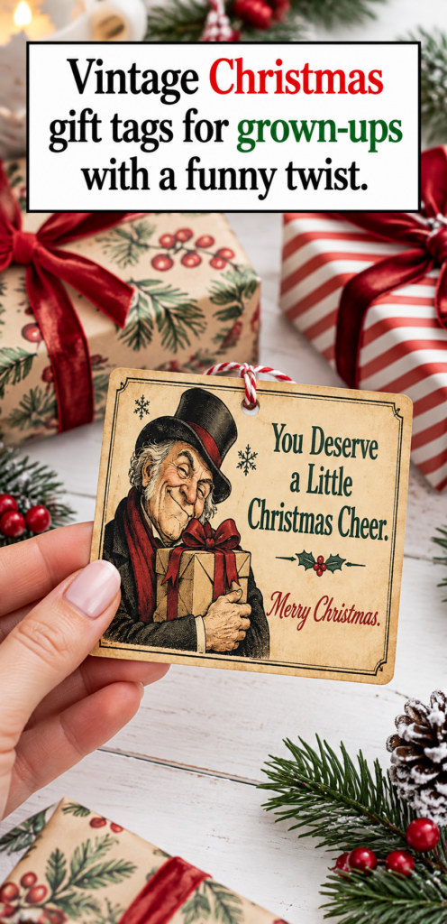 Vintage Christmas gift tags for grown-ups with a funny twist, designed to look like tiny old fashioned Christmas cards. Print these free tags for Secret Santa gifts, host gifts, thrifted finds and stocking presents for the adults on your list. Give the classic Christmas look a modern little wink. #VintageChristmas #ChristmasGiftTags #GiftsForAdults #HolidayGifts