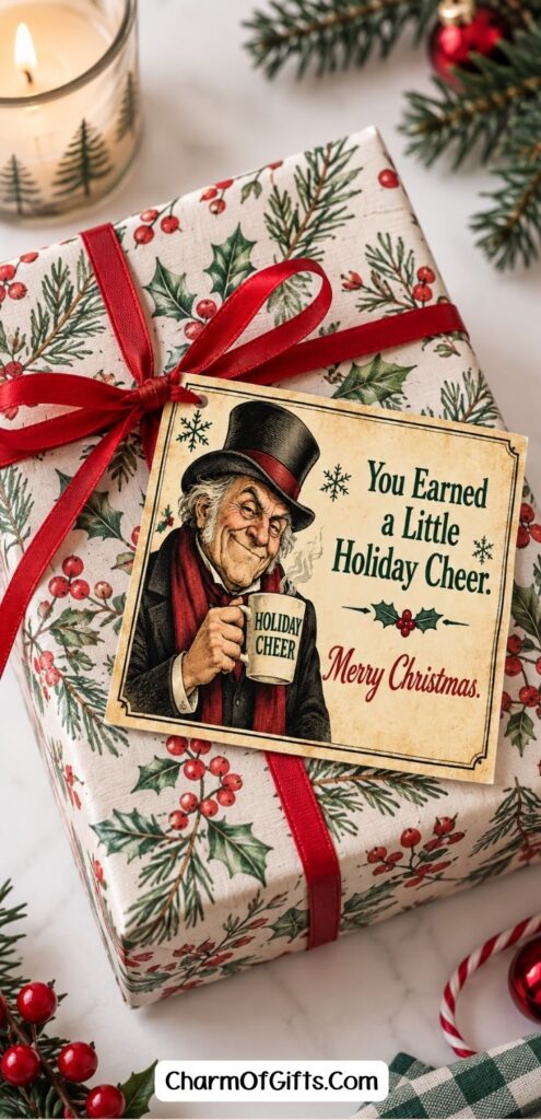 Vintage style Christmas gift tags with funny sayings, printed at home and finished with a thin red ribbon. The aged paper look and grumpy Victorian character work beautifully on thrifted gifts, gift bags, cookie boxes and bottle gifts, and they make DIY Christmas gift wrapping feel effortless. Your finished present will look thoughtful and a little bit hilarious. #VintageChristmasGiftTags #DIYChristmasGiftWrapping #PrintableChristmasTags #ChristmasGiftWrapIdeas
