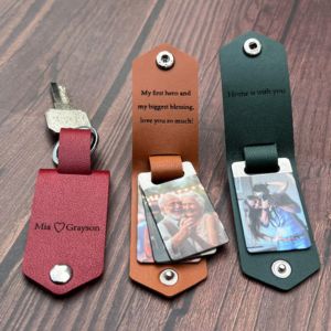 three Mens Leather Keychain with Photos