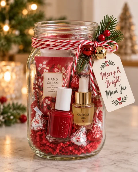 Spa day mason jar Christmas gift with manicure products