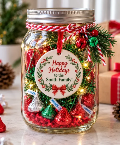 Personalized Christmas ornament gift presented in mason jar