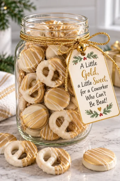 White chocolate pretzels and gold treats in a Christmas mason jar