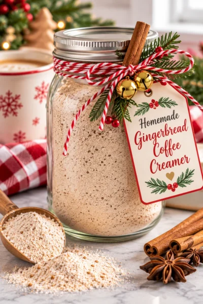 Gingerbread coffee creamer powder in a Christmas gift mason jar