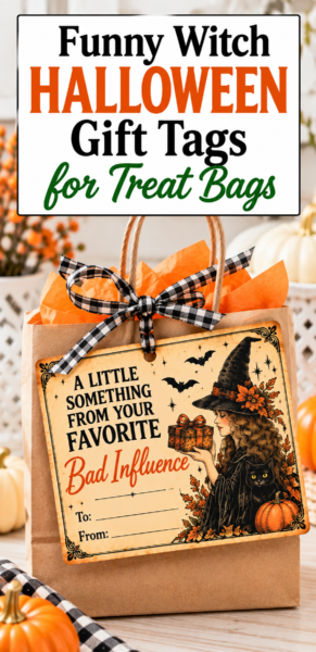 Funny vintage witch Halloween gift tag for adults with the saying A Little Something From Your Favorite Bad Influence