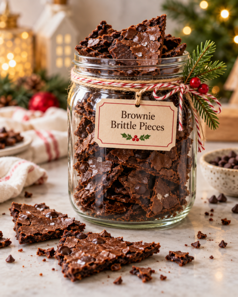 Brownie brittle pieces in a festive mason jar