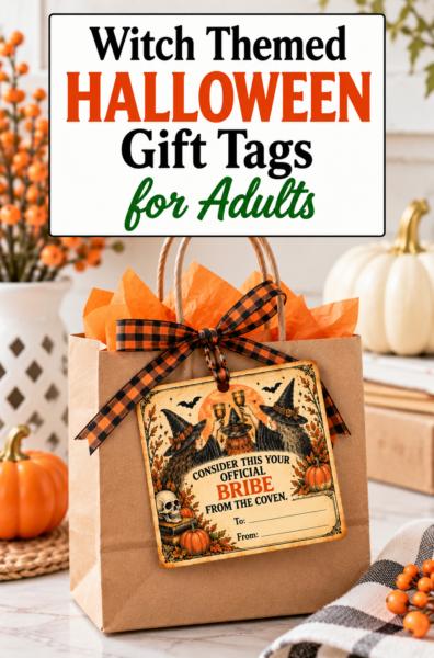 Vintage witch Halloween gift tag for adults with the saying Consider This Your Official Bribe From the Coven