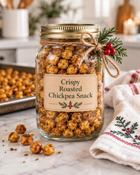 Crispy roasted chickpea snack in a festive mason jar