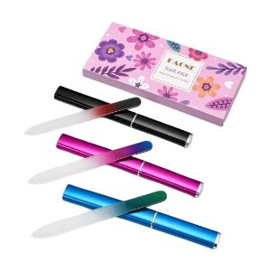 Colorful crystal glass nail file set with protective cases for teen nail care.
