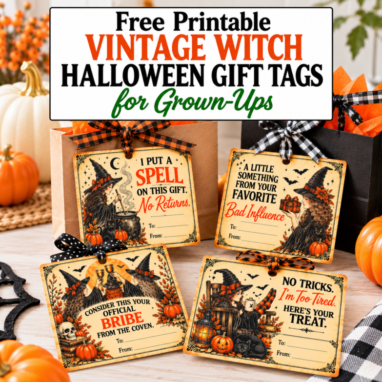 Free printable vintage witch Halloween gift tags for grown-ups