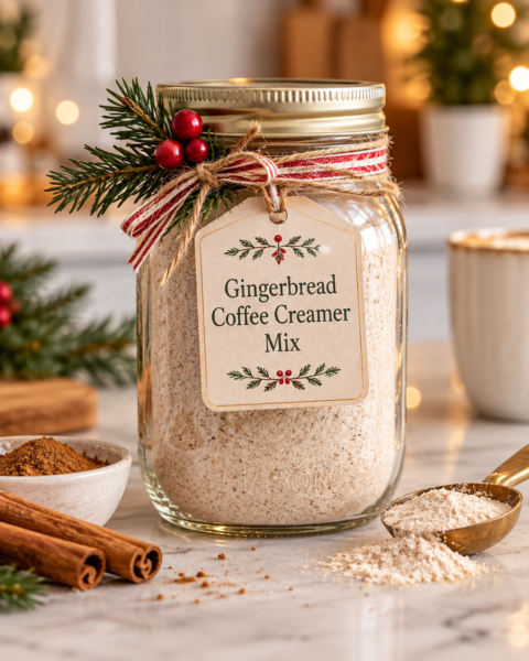 Gingerbread coffee creamer mix in a festive mason jar