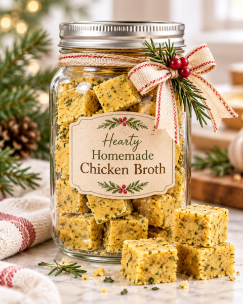 Homemade chicken broth cubes in a festive mason jar