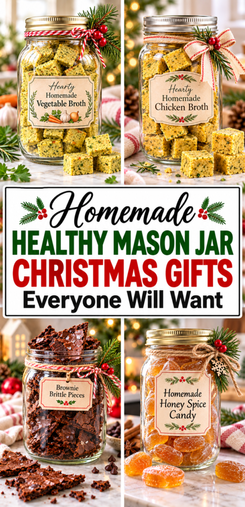 Skip the same old cookie mixes and try these healthy mason jar Christmas gifts instead. From homemade broth cubes and savory snacks to useful drink mixes and other edible ideas, these homemade gifts are budget-friendly, practical, and much more likely to actually get used. Perfect for family, coworkers, neighbors, teachers, and anyone who appreciates a thoughtful food gift. #MasonJarChristmasGifts #HealthyChristmasGifts #HomemadeChristmasGifts #EdibleChristmasGifts #DIYChristmasGifts #MasonJarGifts #ChristmasGiftIdeas #BudgetFriendlyGifts #HomemadeFoodGifts #ChristmasFoodGifts