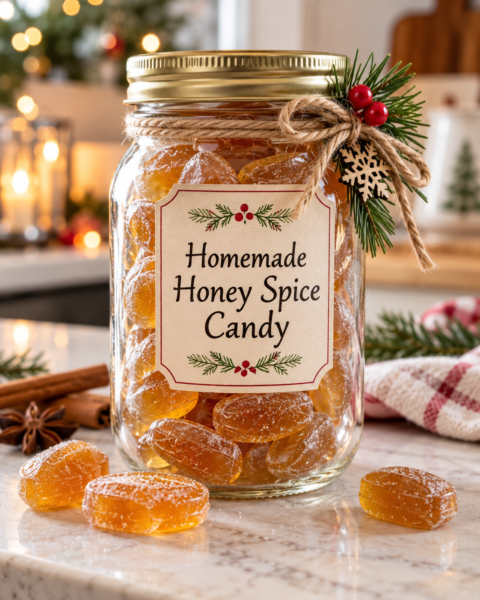 Homemade honey spice candy in a festive mason jar