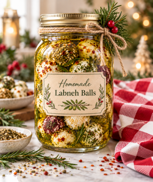 Homemade labneh balls in herb oil in a festive mason jar