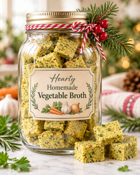 Homemade vegetable broth cubes in a festive mason jar