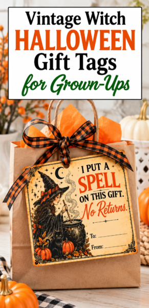 Vintage witch Halloween gift tag for grown-ups with the saying I Put a Spell on This Gift No Returns