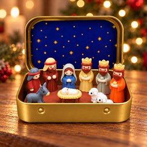 Miniature Christmas Nativity figures displayed in an open gold tin box