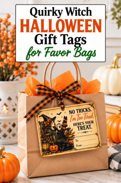 Quirky vintage witch Halloween gift tag for grown-ups with the saying No Tricks I'm Too Tired Here's Your Treat