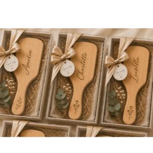Personalized engraved bamboo hair brush for a teen girl beauty stocking stuffer.
