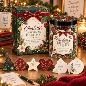 Personalized Christmas cheer jar filled with festive positive message cards