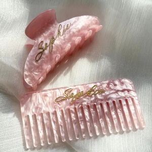 Personalized matching comb and claw clip set for a teen girl beauty stocking stuffer.