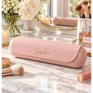 Personalized silicone makeup brush case for keeping brushes clean while traveling.