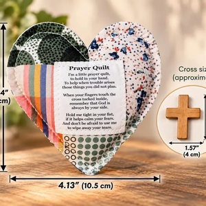 Patchwork pocket prayer heart with wooden cross and prayer message