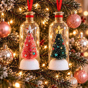 Recordable Christmas ornaments with miniature trees inside clear bottles