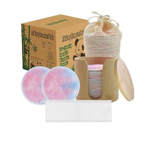 Reusable makeup remover pads with storage holder, laundry bag and headband in pastel colors.